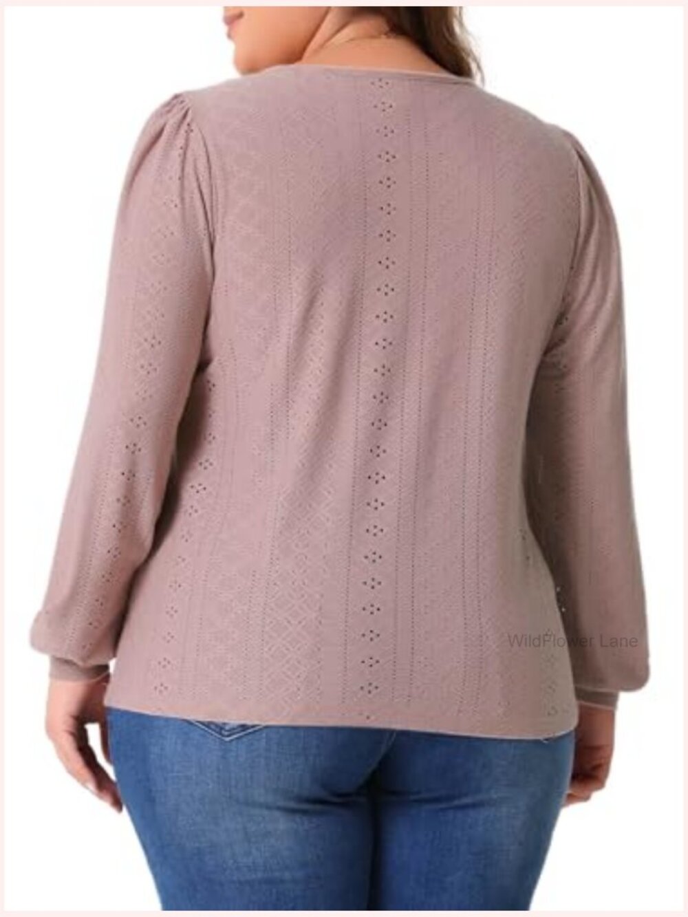 Plus Size Square Neck Hollow Long Sleeve Eyelet Blouse - Picture 4 of 5